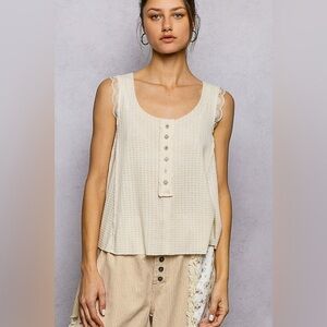 POL Textured Knit Round Neck Tank with Lace Detail